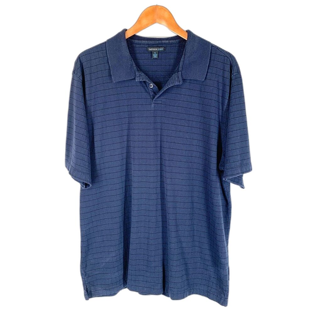 Van Heusen XL Mens Polo Shirt Navy Blue Knit Black Checks Short Sleeve